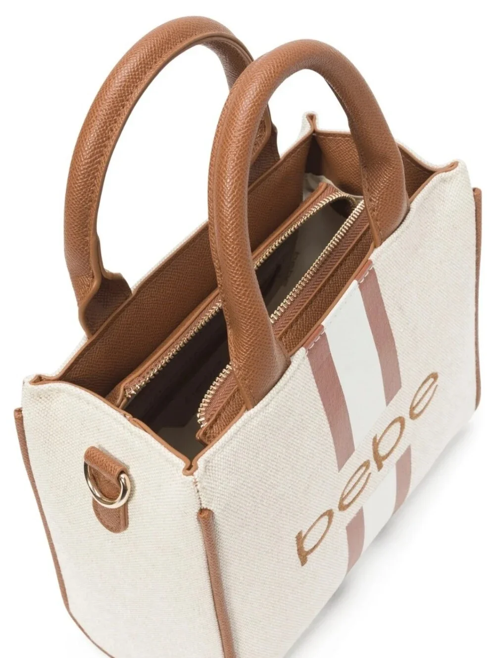 bebe Paisley Mini Canvas Satchel Crossbody Caramel/Cream & Tan with Tan Trim